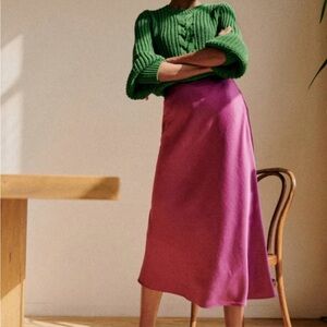 Sezane Sandy Mid Silky Satin Skirt in Fuschia 34